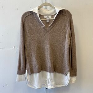 Magaschoni 100% Cashmere Layered Look V-Neck Sweater Taupe White Trim Large